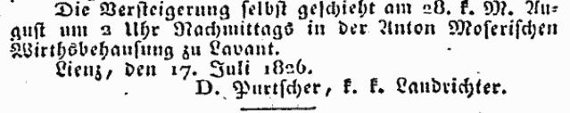 Versteigerung Bote fur Tirol und Vorarlberg 1826-08-03